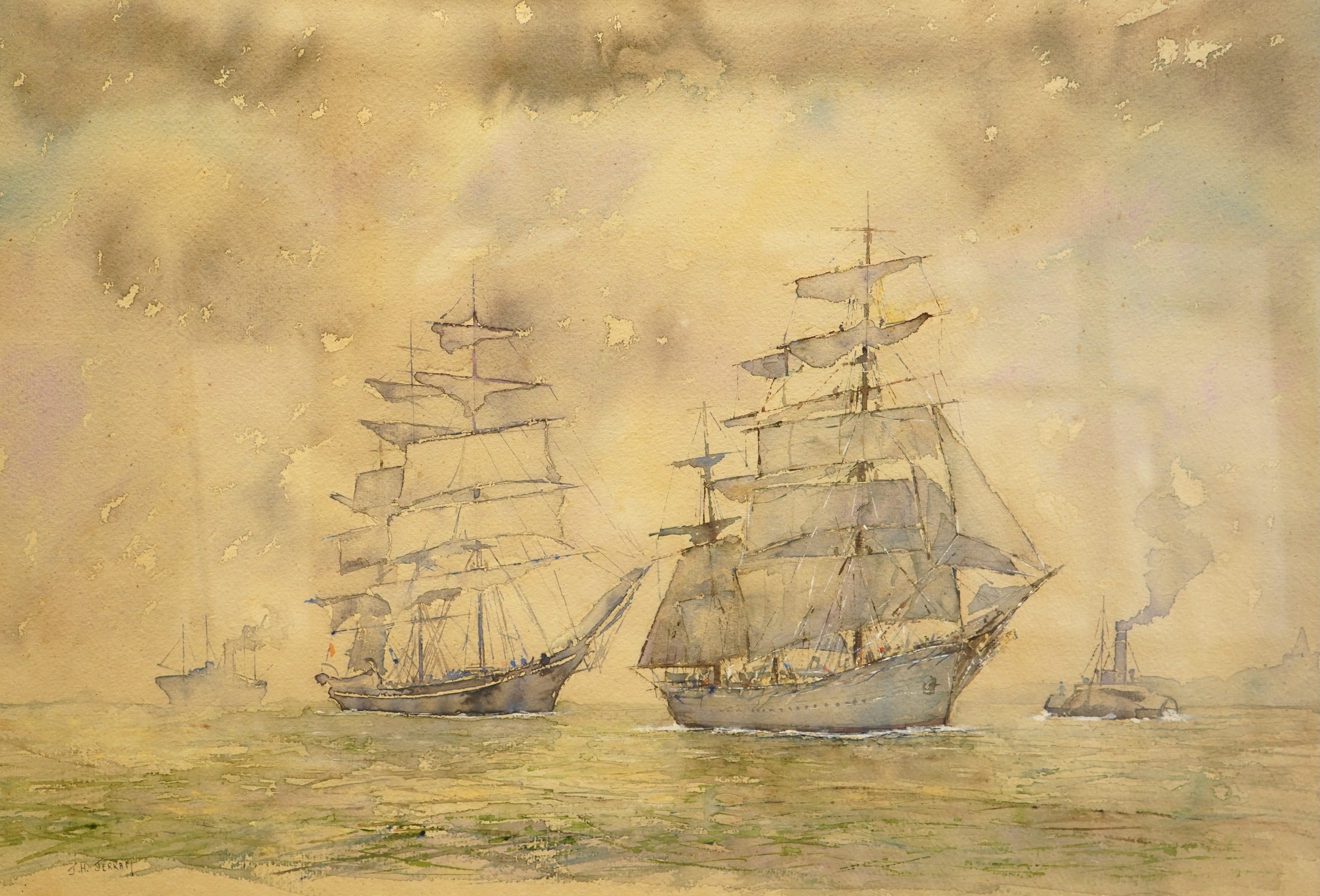 J. H. Jerram, Tall ships at sea, signed, watercolour heightened with white, 45 x 67cm